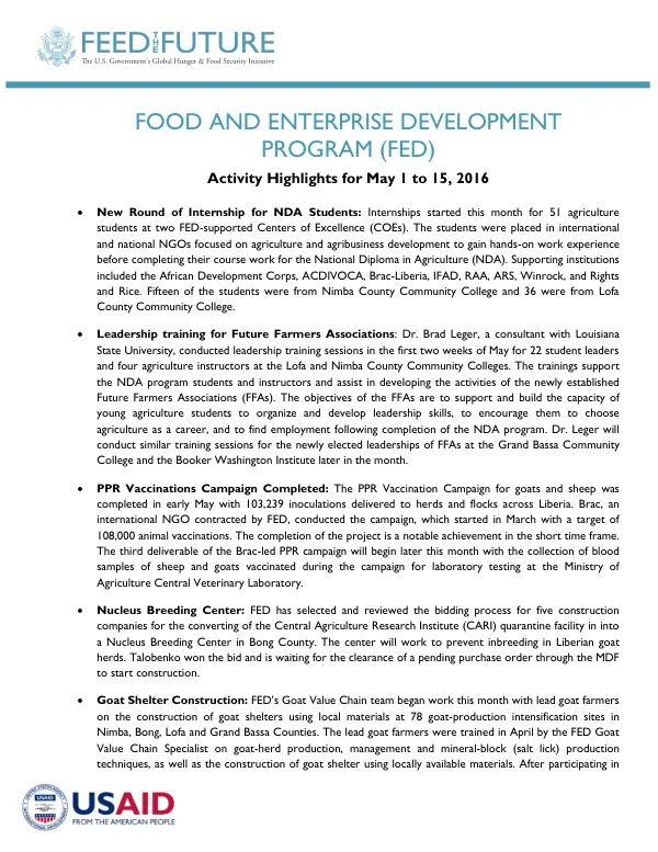 FOOD AND ENTERPRISE DEVELOPMENT PROGRAM (FED) Activity Highlights for May 1 to 15, 2016