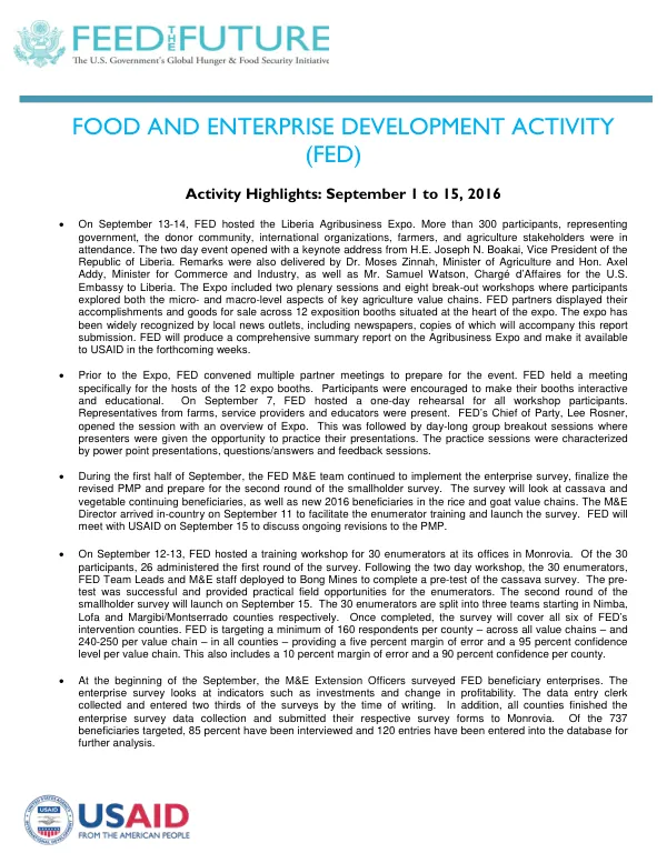 Food and Enterprise Development Activity Highlights: September 1 to 15, 2016