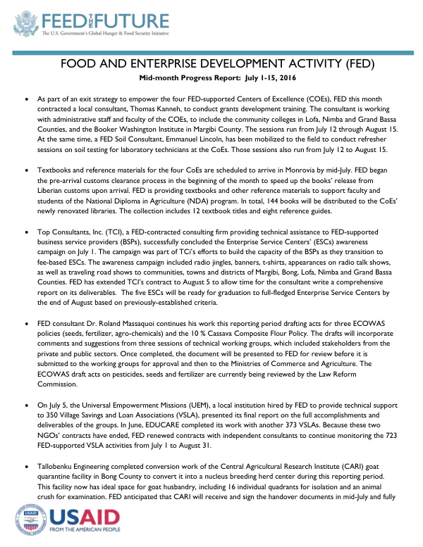 Mid-month Progress Report: FOOD AND ENTERPRISE DEVELOPMENT ACTIVITY (FED) July 1-15, 2016