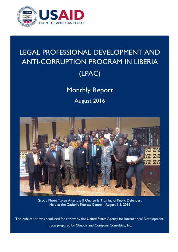 Legal Professional Development and Anti-Corruption Program in Liberia (LPAC) Monthly Report – August 2016
