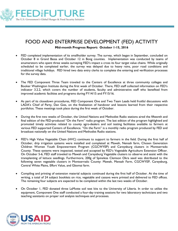 Mid-month Progress Report: October 1-15, 2016 FOOD AND ENTERPRISE DEVELOPMENT (FED) ACTIVITY
