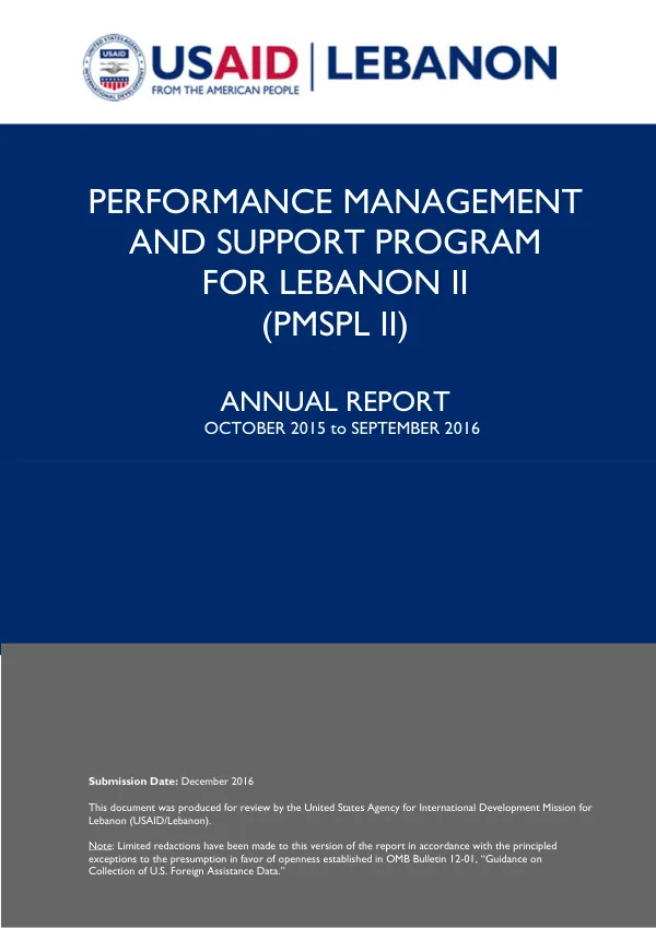 USAID/Performance Management and Support Program for Lebanon II, Annual Report FY2016