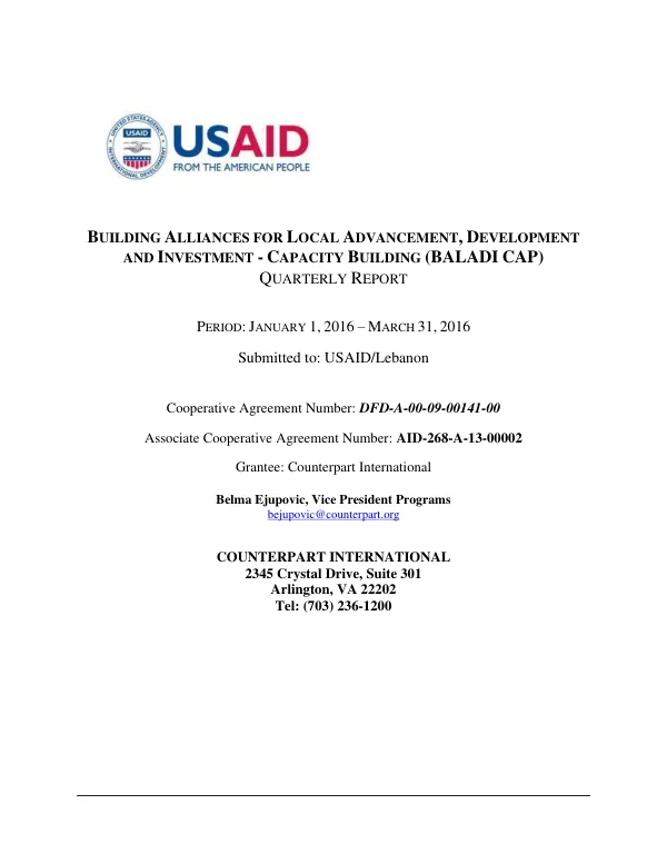 Quarterly Report 10, Year 3 – January 2016 – March 2016: Building Alliances for Local Advancement, Development and Investment - Capacity Building (BALADI CAP)