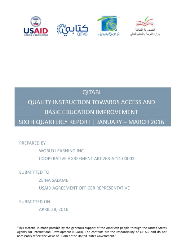 Quality Instruction Towards Access and Basic Education Improvement: Sixth Quarterly Report | January – March 2016