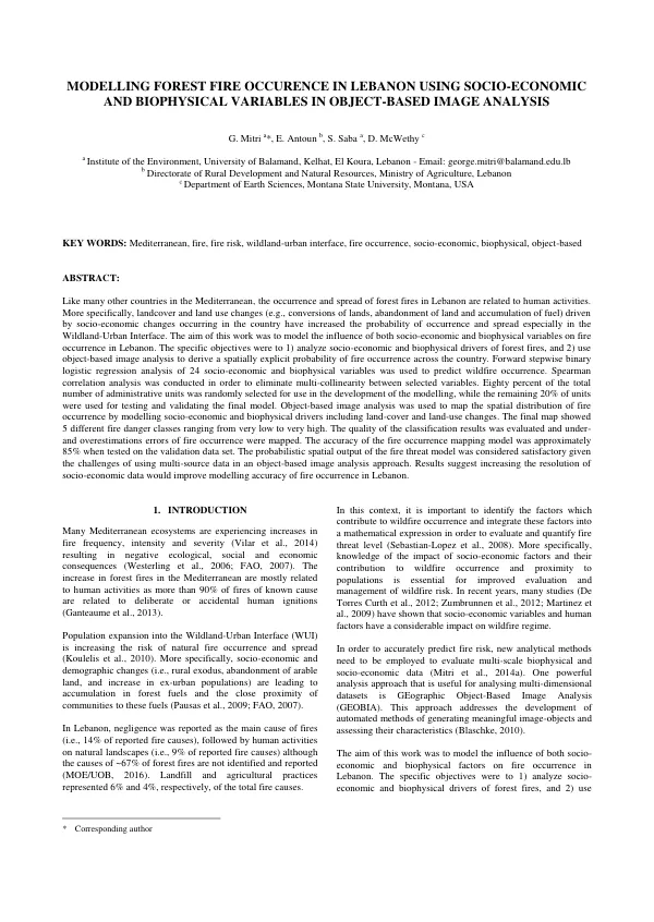 MODELLING FOREST FIRE OCCURRENCE IN LEBANON USING SOCIO-ECONOMIC AND BIOPHYSICAL VARIABLES IN OBJECT-BASED IMAGE ANALYSIS