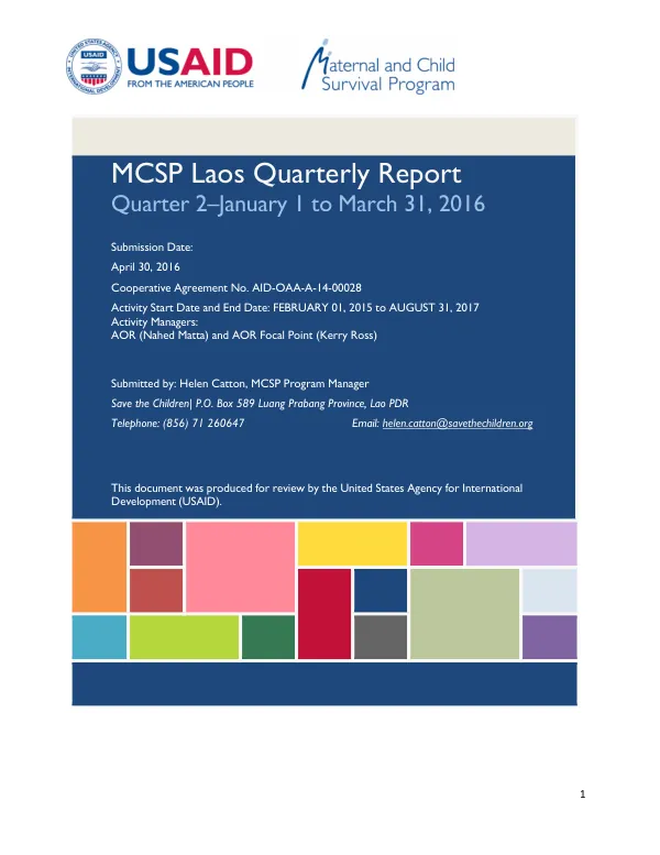 MCSP Laos Quarterly Report Quarter 2–January 1 to March 31, 2016