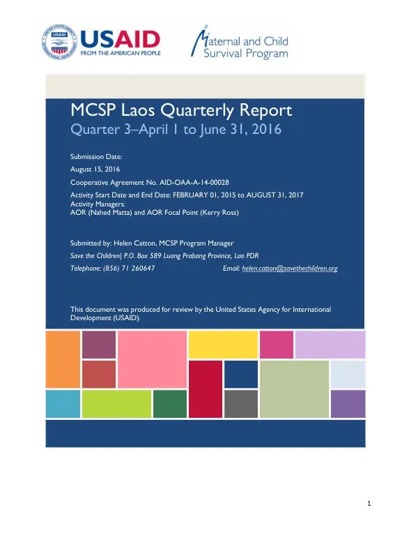 MCSP Laos Quarterly Report Quarter 3–April 1 to June 31, 2016