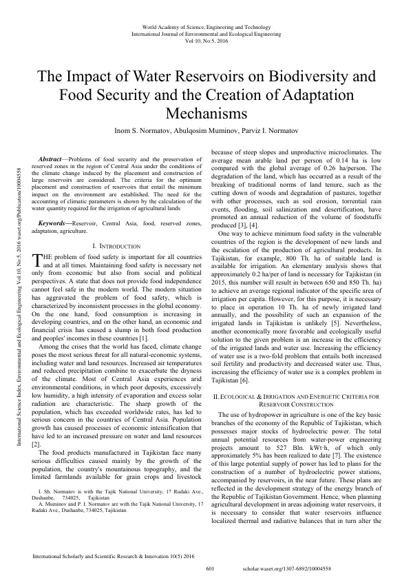 The Impact of Water Reservoirs on Biodiversity and Food Security and the Creation of Adaptation Mechanisms