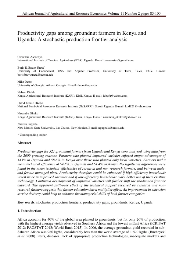 Productivity gaps among groundnut farmers in Kenya and Uganda: A stochastic production frontier analysis