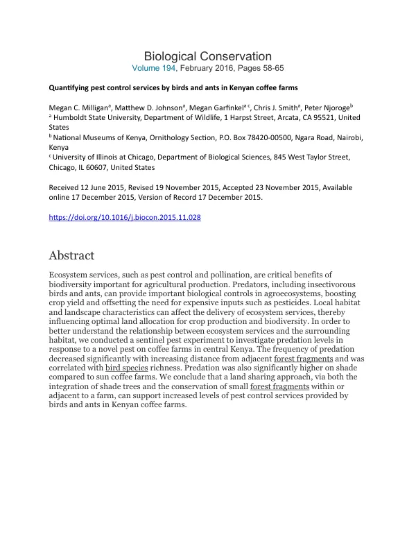 QuanƟfying pest control services by birds and ants in Kenyan coﬀee farms