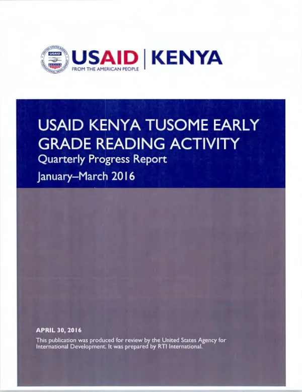 FY 2016 QUARTER 2 PROGRESS REPORT USAID KENYA TUSOME EARLY GRADE READING ACTIVITY