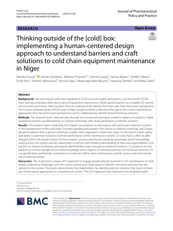 Thinking outside of the [cold] box: implementing a human-centered design approach to understand barriers and craft solutions to cold chain equipment maintenance in Niger