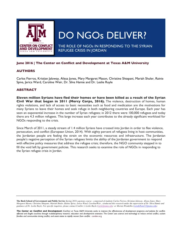 The Role of NGOs in Responding to the Syrian Refugee Crisis in Jordan