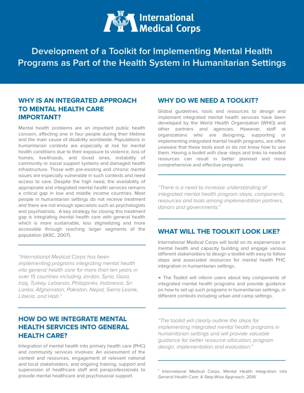 Development of a Toolkit for Implementing Mental Health Programs as Part of the Health System in Humanitarian Settings