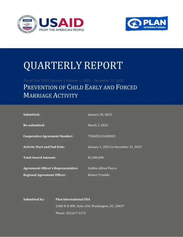 Niger Prevention of Child Early and Forced Marriage Activity Quarterly Report – FY23, Q1