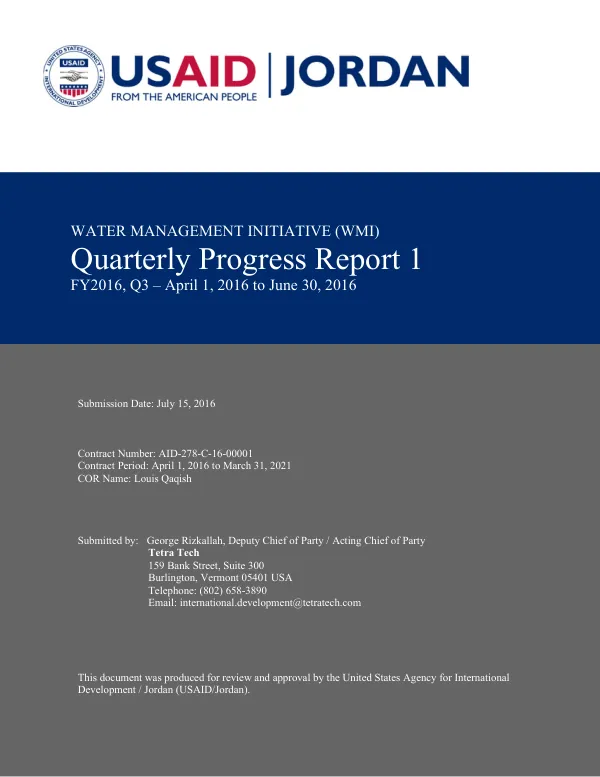 USAID/Jordan Water Management Initiative (WMI) Quarterly Progress Report 1: FY2016 Q3 (April 1, 2016-June 30, 2016)
