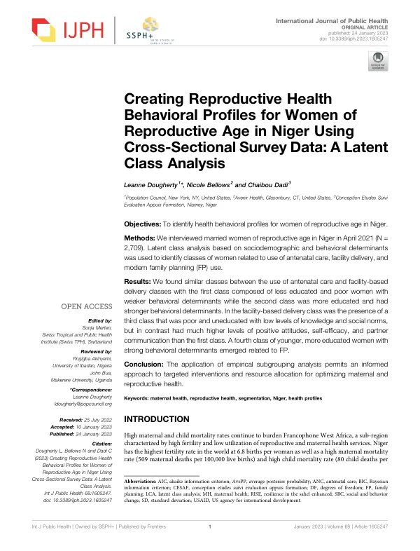 Creating Reproductive Health Behavioral Profiles for Women of Reproductive Age in Niger Using Cross-Sectional Survey Data: A Latent Class Analysis