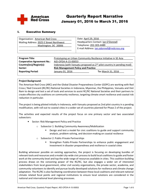 Prototyping an Urban Community Resilience Initiative in SE Asia OFDA Quarterly Report