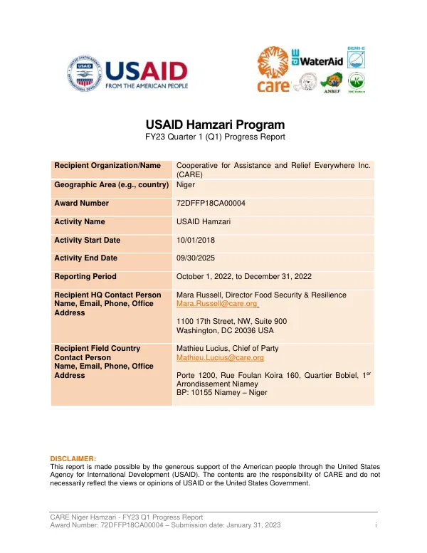 CARE Niger Hamzari - FY23 Q1 Progress Report