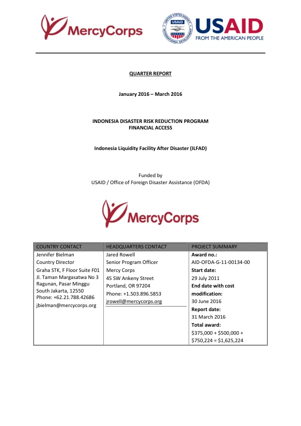 Quarter Report: Indonesia Liquidity Facility After Disasters (ILFAD) Program