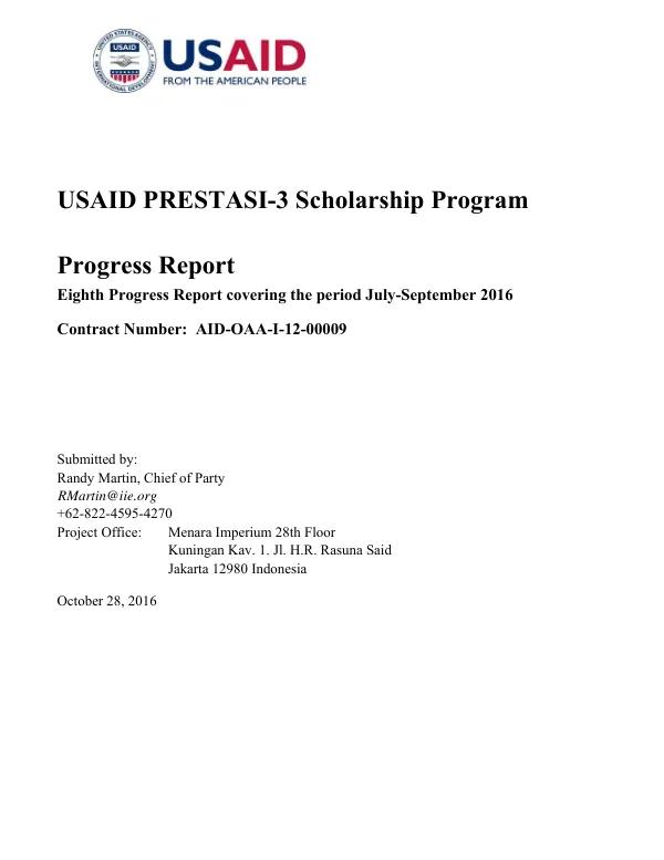 USAID PRESTASI-3 Scholarship Program Progress Report Eighth Progress Report covering the period July-September 2016