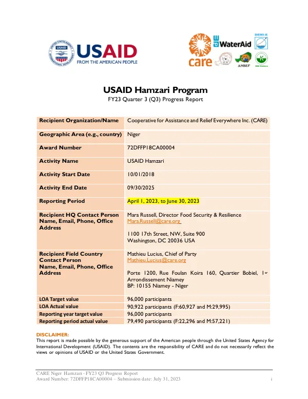 CARE Niger Hamzari - FY23 Q3 Progress Report