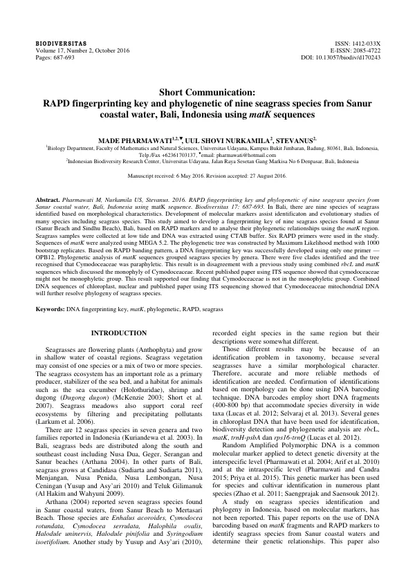 RAPD fingerprinting key and phylogenetic of nine seagrass species from Sanur coastal water, Bali, Indonesia using matK sequences