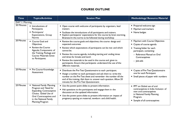 Course Outline for Training on Oral Contraceptives