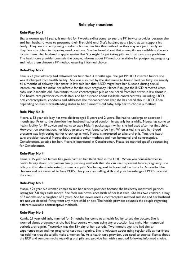 Role-play situations for Family Planning Service Providers