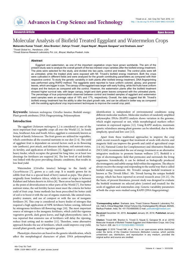Molecular Analysis of Biofield Treated Eggplant and Watermelon Crops