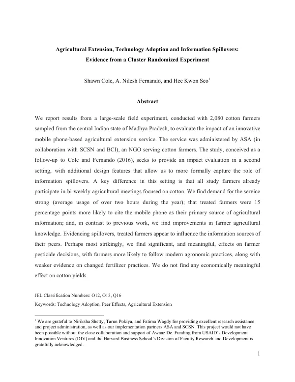 Agricultural Extension, Technology Adoption and Information Spillovers: Evidence from a Cluster Randomized Experiment