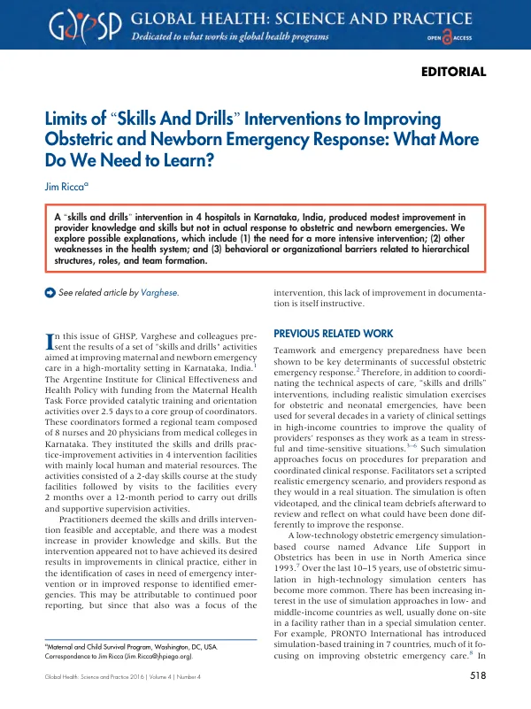 Limits of “Skills And Drills” Interventions to Improving Obstetric and Newborn Emergency Response: What More Do We Need to Learn?