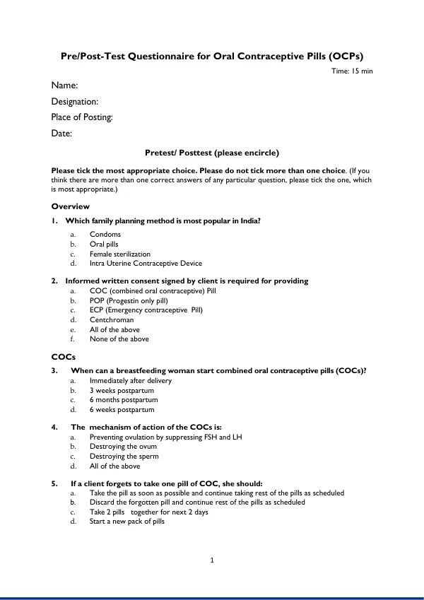 Pre and Post Test-Questionnaire for OCPs SD