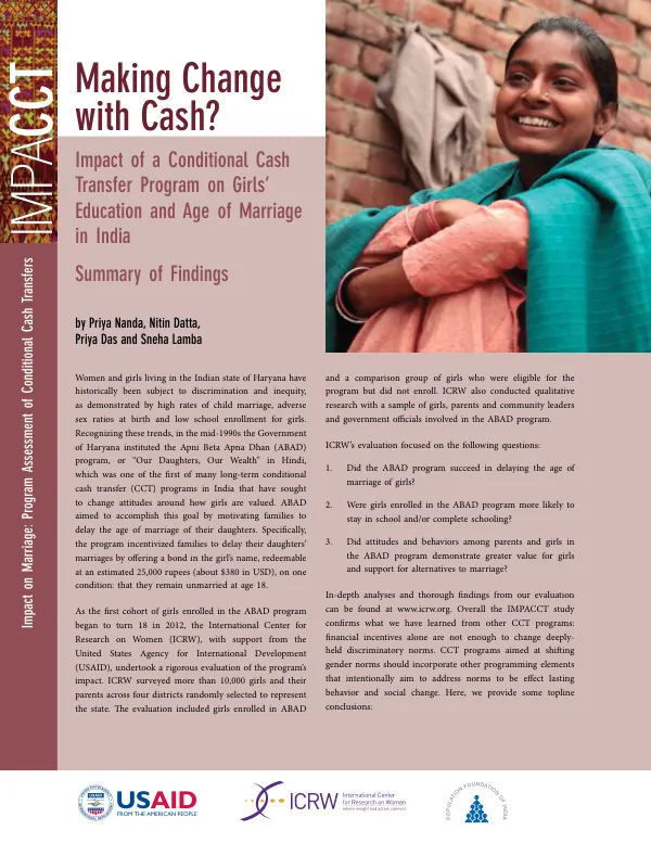 Impact of a Conditional Cash Transfer Program on Girls' Education and Age of Marriage in India