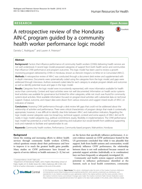 A retrospective review of the Honduras AIN-C program guided by a community health worker performance logic model