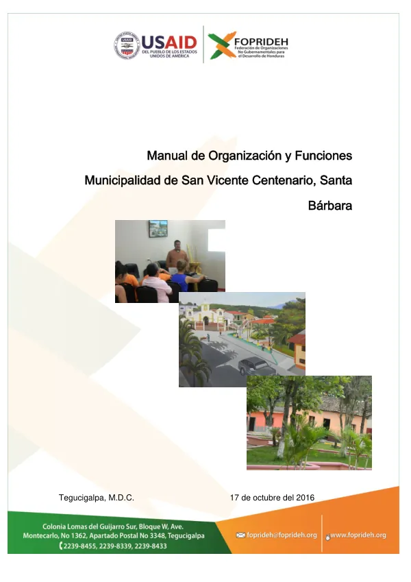 Manual de Organización y Funciones de la Municipalidad de San Vicente Centenario, Departamento de Santa Bárbara. Año 2016