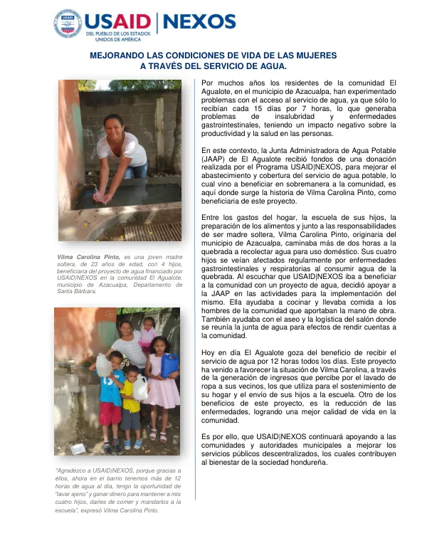 MEJORANDO LAS CONDICIONES DE VIDA DE LAS MUJERES A TRAVÉS DEL SERVICIO DE AGUA