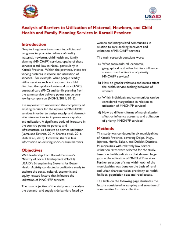 Technical Brief - Analysis of Barriers to Utilization of Maternal, Newborn, and Child Health and Family Planning Services in Karnali Province