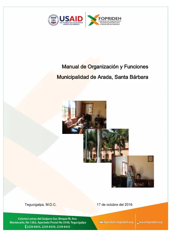 Manual de Organización y Funciones de la Municipalidad de Arada, Departamento de Santa Bárbara. Año 2016