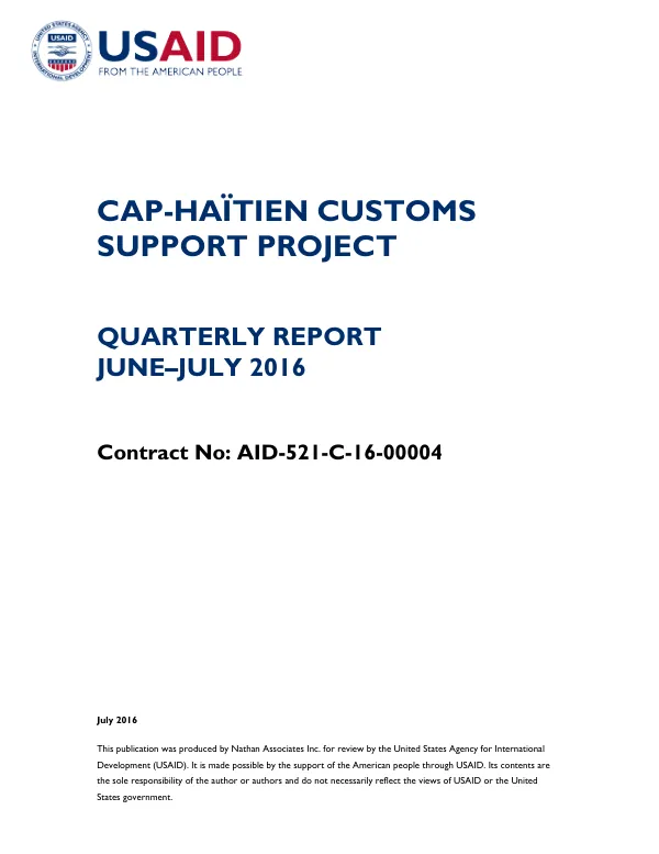 Cap-Haïten Customs Support Project Quarterly Report January–May 2016