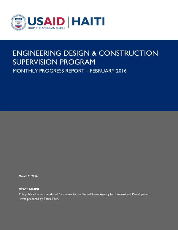 Monthly Progress Report – February 2016: Engineering Design & Construction Supervision Program