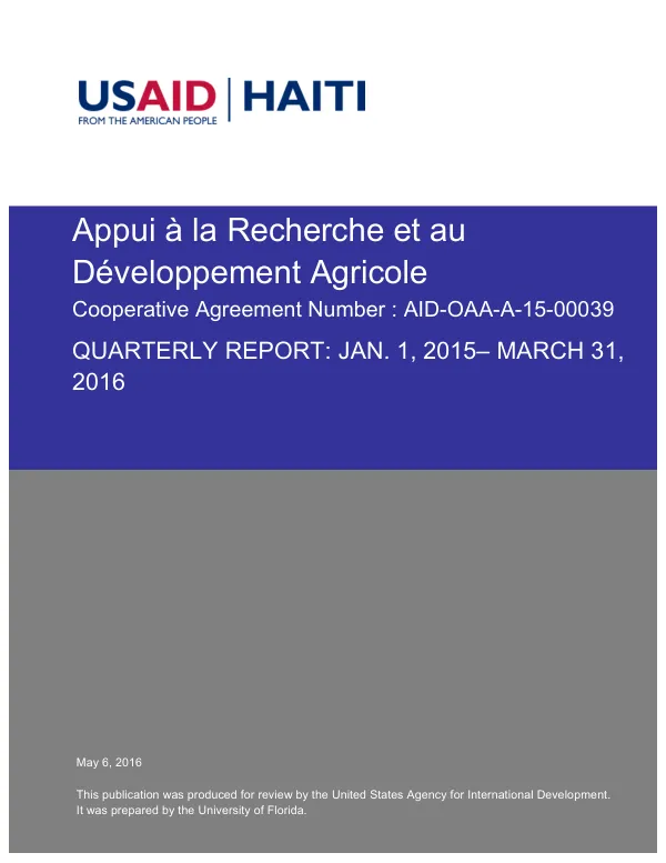 Quarterly Report: Appui à la Recherche et au Développement Agricole (AREA) Cooperative Agreement