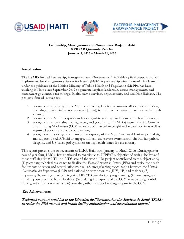Leadership, Management and Governance Project, Haiti PEPFAR Quarterly Results January 1, 2016 – March 31, 2016