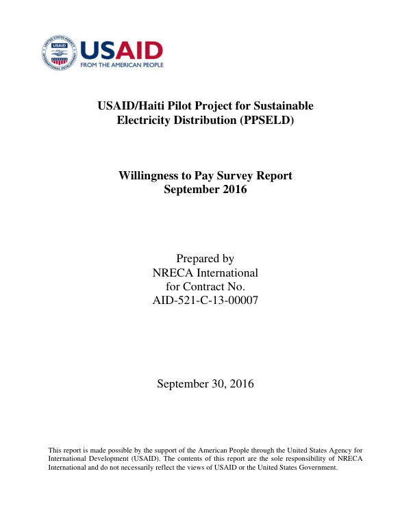 USAID/Haiti Pilot Project for Sustainable Electricity Distribution (PPSELD) Willingness to Pay Survey Report