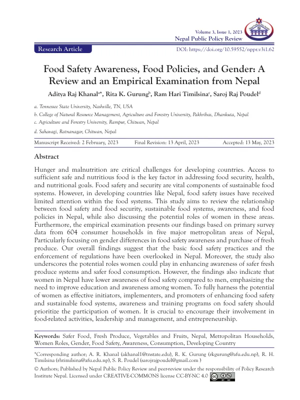 Food Safety Awareness, Food Policies, and Gender: A Review and an Empirical Examination from Nepal