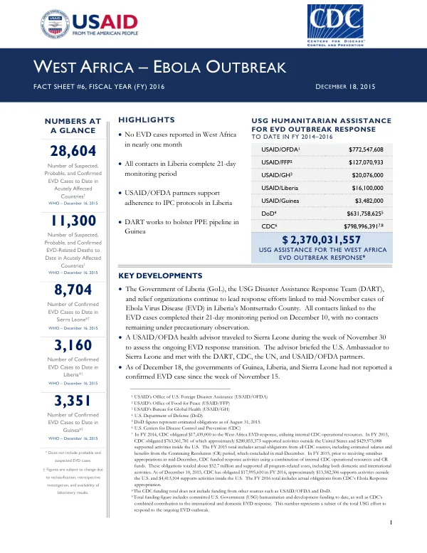 West Africa – Ebola Outbreak Fact Sheet #6, Fiscal Year (FY) 2016