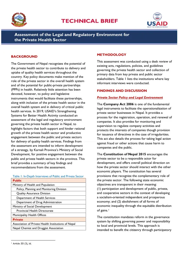 Assessment of the Legal and Regulatory Environment for the Private Health Sector