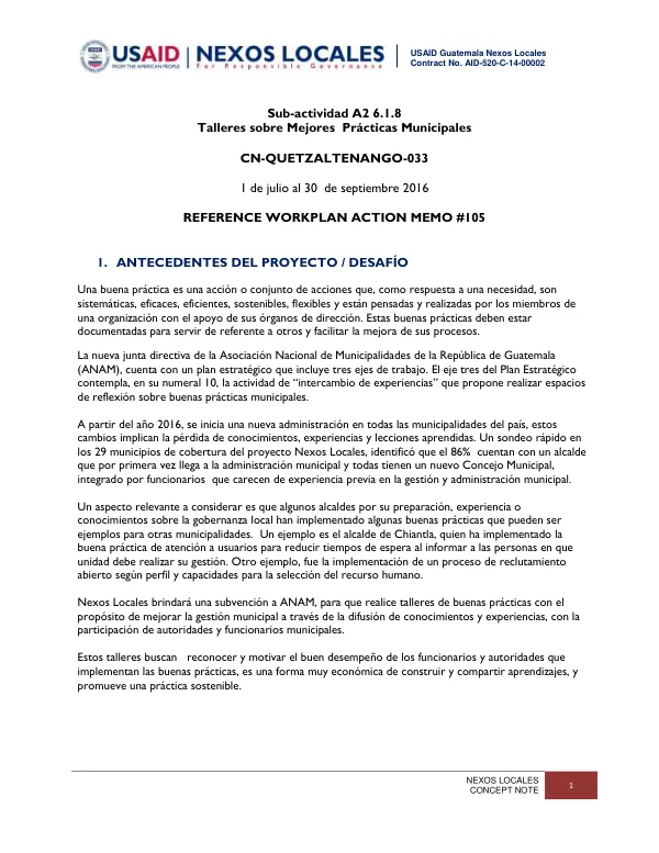 USAID Guatemala Nexos Locales: Sub-actividad A2 6.1.8: Talleres sobre Mejores Prácticas Municipales