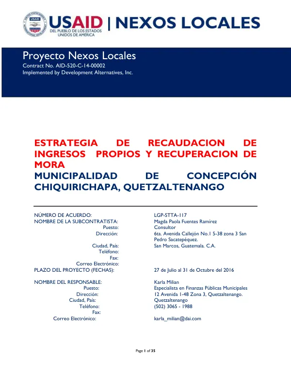 Estrategia de Recaudación de Ingresos Propios y Recuperación de Mora Municipalidad de Concepción Chiquirichapa, Quetzaltenango