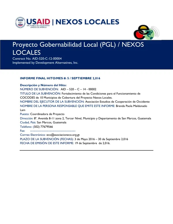 Final Report: Fortalecimiento de las Condiciones para el Funcionamiento de COCODES de 10 Municipios de Cobertura del Proyecto Nexos Locales